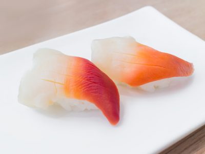 Surf clam or hokkigai sushi on white plate, Japanese traiditional food
